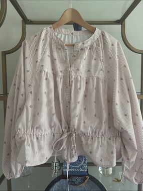 Light Taupe Striped Drawstring Peasant Blouse